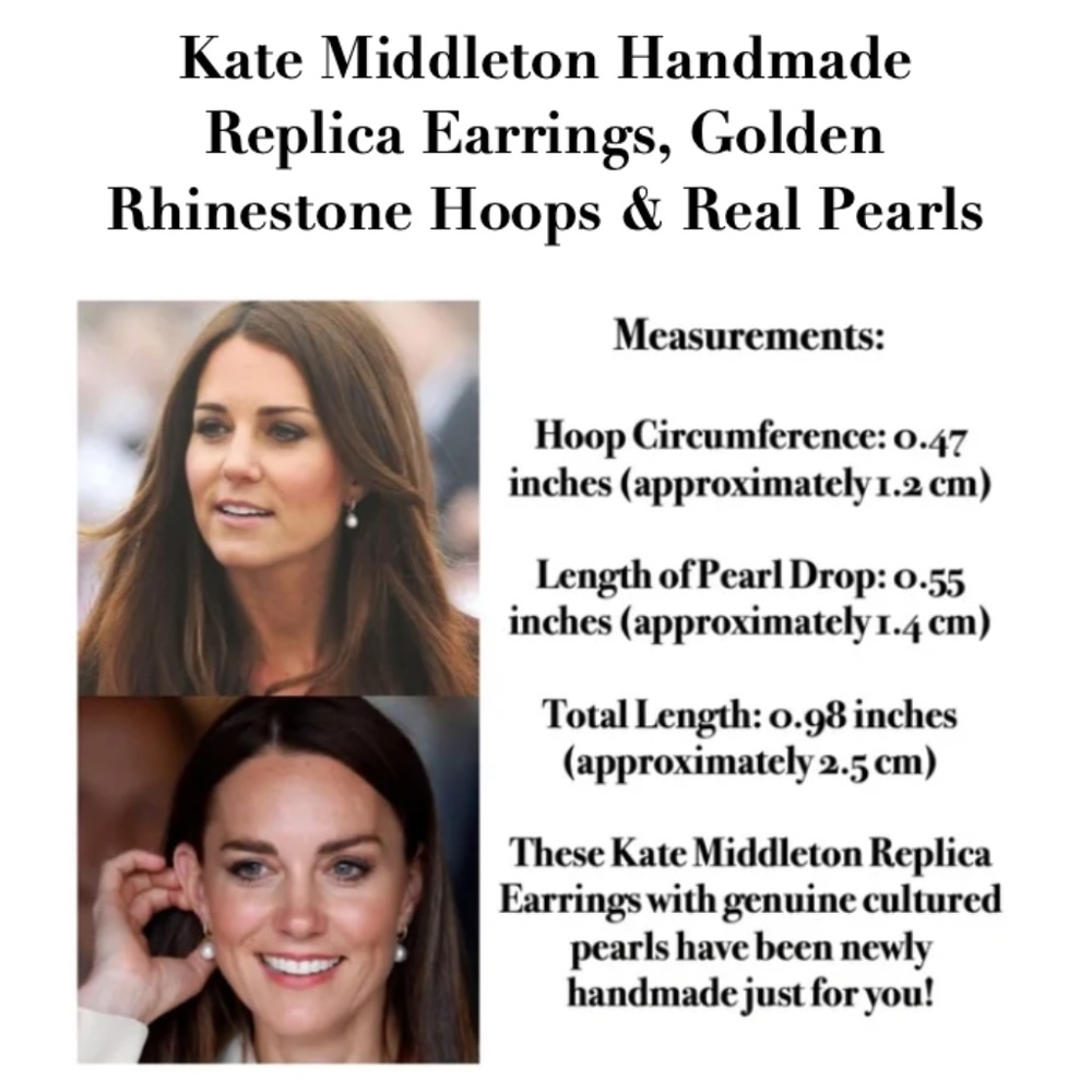 Kate Middleton Handmade Replica Earrings, Gold Rhinestone Hoops & Real Pearls - Picture 13 of 13